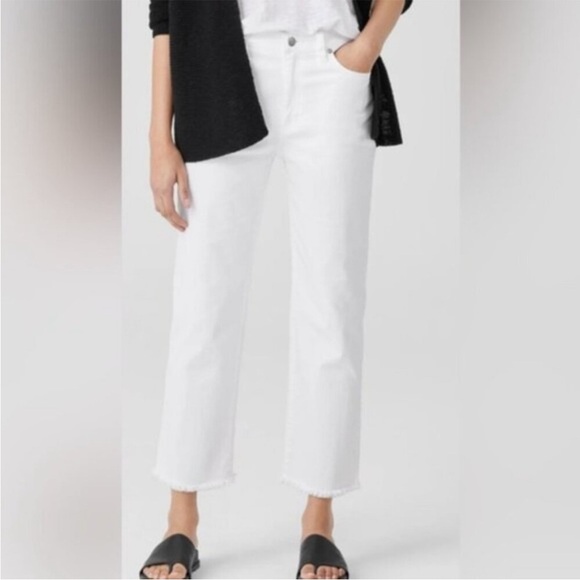 Eileen Fisher White Straight Leg Cropped Jeans with Raw Fray Hem - Picture 1 of 11